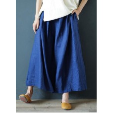 Literary linen navy blue cropped trousers and pants national style