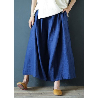 Literary linen navy blue cropped trousers and pants national style