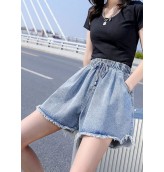 Women Light Blue Elastic Waist drawstring Asymmetrical Pockets Cotton Denim Short Pants Summer