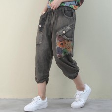 Handmade denim blue casual elastic waist patchwork Shape wide leg pants