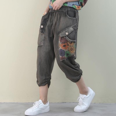 Handmade denim blue casual elastic waist patchwork Shape wide leg pants