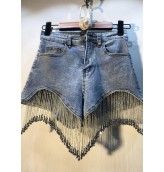 Modern Denim Blue Button Diamonds Tassel Cotton Shorts