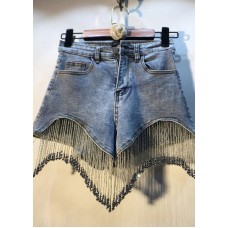 Modern Denim Blue Button Diamonds Tassel Cotton Shorts