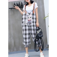 fashion women casual cotton plaid jumpsuit pants plus size cartoon print strap pants