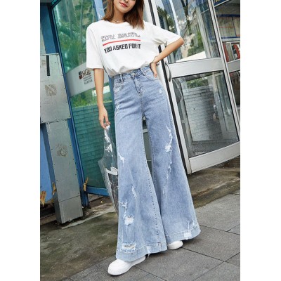 Elegant Denim Blue High Waist Pockets Hole Cotton Wide Leg Pants Summer