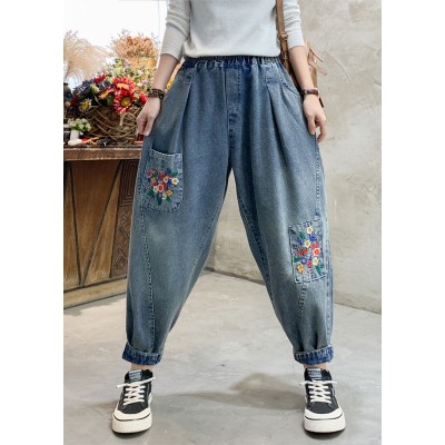 Beautiful Denim Blue Floral Embroideried Elastic Waist Pockets Cotton Harem Pants Summer