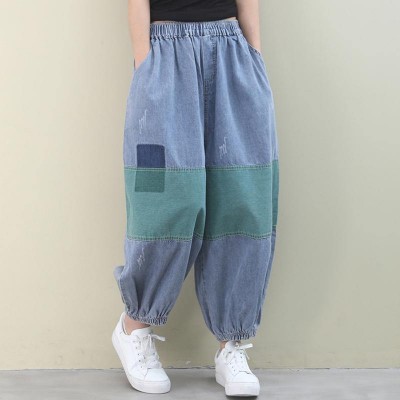 Italian women pants denim blue pattern elastic waist patchwork green trousers