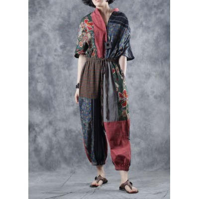 Red printed jumpsuit tie waist loose wide leg pants