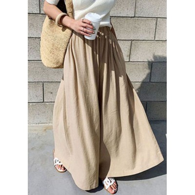 Women Khaki Elastic Waist Solid Color Cotton Wide Leg Pants Summer