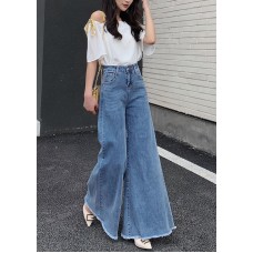 Bohemian Denim Blue High Waist Solid Color Pockets Cotton Wide Leg Pants Fall