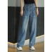 French Denim Blue Elastic Waist Pockets Cotton Straight Pants Summer