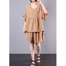 women casual cotton linen khaki two pieces ruffles sleeve blouse with fashion shorts