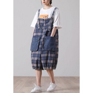 Loose Blue Pockets Plaid Cotton Jeans Jumpsuit Shorts