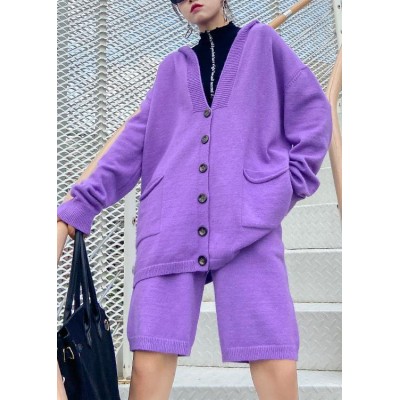 Women's autumn plus size fashion knitted cardigan shorts purple two-piece