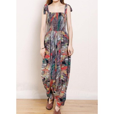 Organic Cotton Sleeveless Fun Vintage Cotton Print Drawstring Loose Jumpsuit