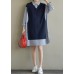 Chic lapel patchwork Cotton for women Work Outfits navy striped Dress spring