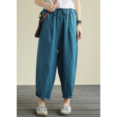 Blue loose casual plus size lace hemp cropped pants